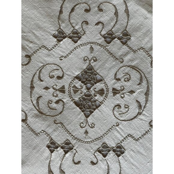 Hand Embroidered Beige Linen Tablecloth & 6 White Napkins Cut Outs - Picture 11 of 16